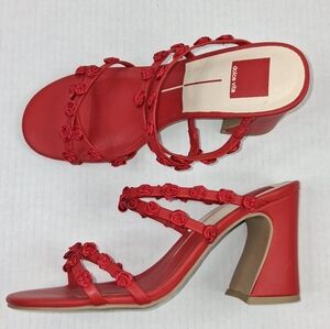 Dolce Vita Baxie Red Leather Rose Embellished Open Toe Block Heels